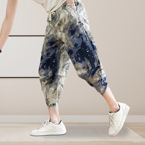 Мужские летние шаровары с эластичной завязкой на талии и карманами, дизайн повседневных брюк с принтом, шаровары, тонкие свободные пляжные брюки, уличная одежда