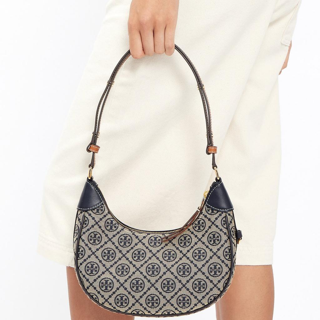 Tory Burch T Monogram Logo Print Zipper Closure Leather Crescent Bag Women Handbags Navy-Blue 158513-405