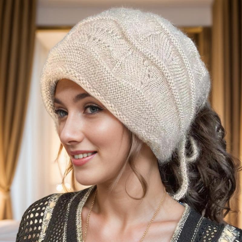 Women's Slouchy Knit Hat & Neck Warmer: Cozy Autumn/Winter Baotou Style, Large Head Fit, Face-Slimming Drawstring Design.