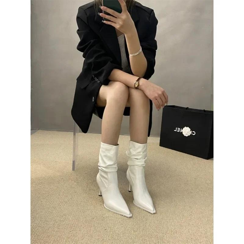 Остроносые плиссированные ботфорты для женщин на осень 2024 года, короткие ботинки на тонком каблуке, короткие ботинки на высоком каблуке