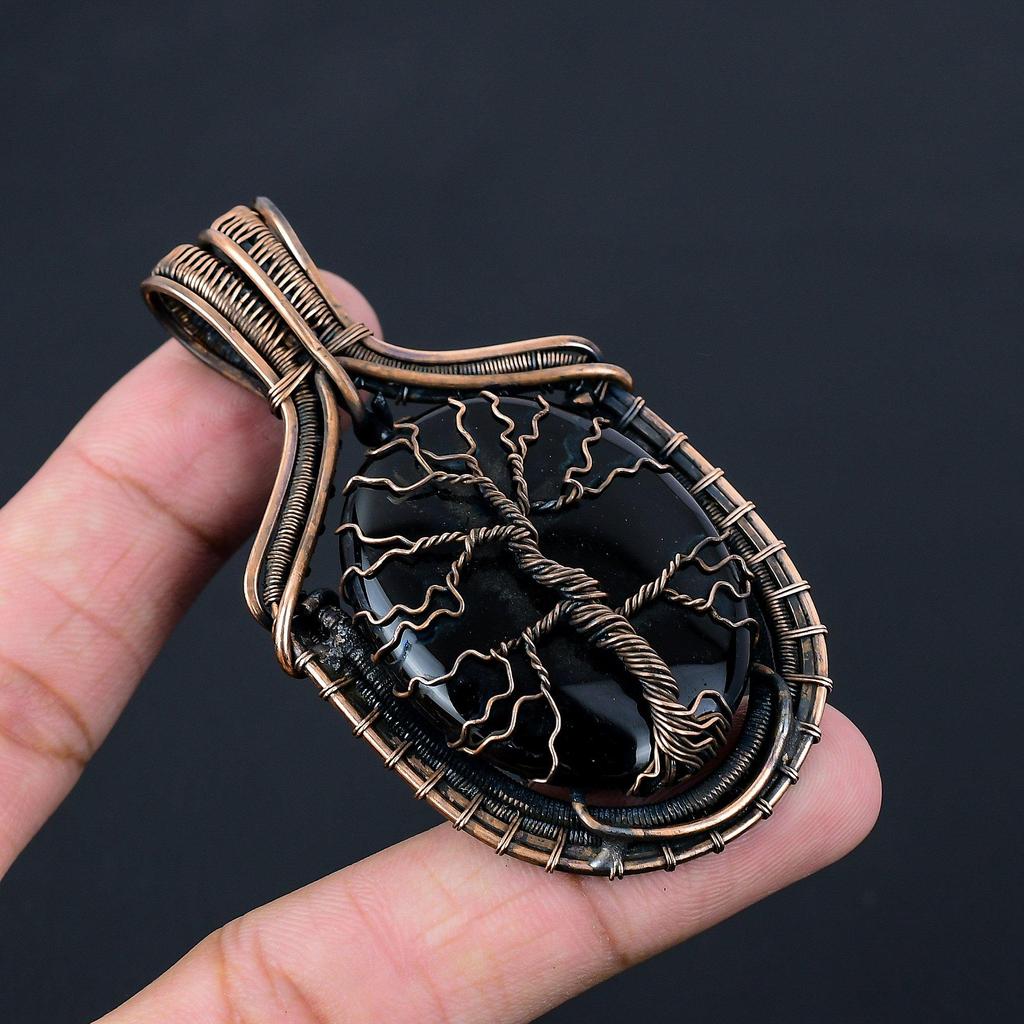 Древо жизни, черный оникс, драгоценный камень, чистая медная проволока, обернутая ювелирным кулоном ручной работы