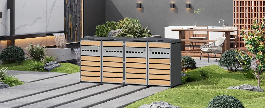 Trash Can Box, with flip lid, trash storage compartments, lockable, four doors, horizontal wood grain blocks
