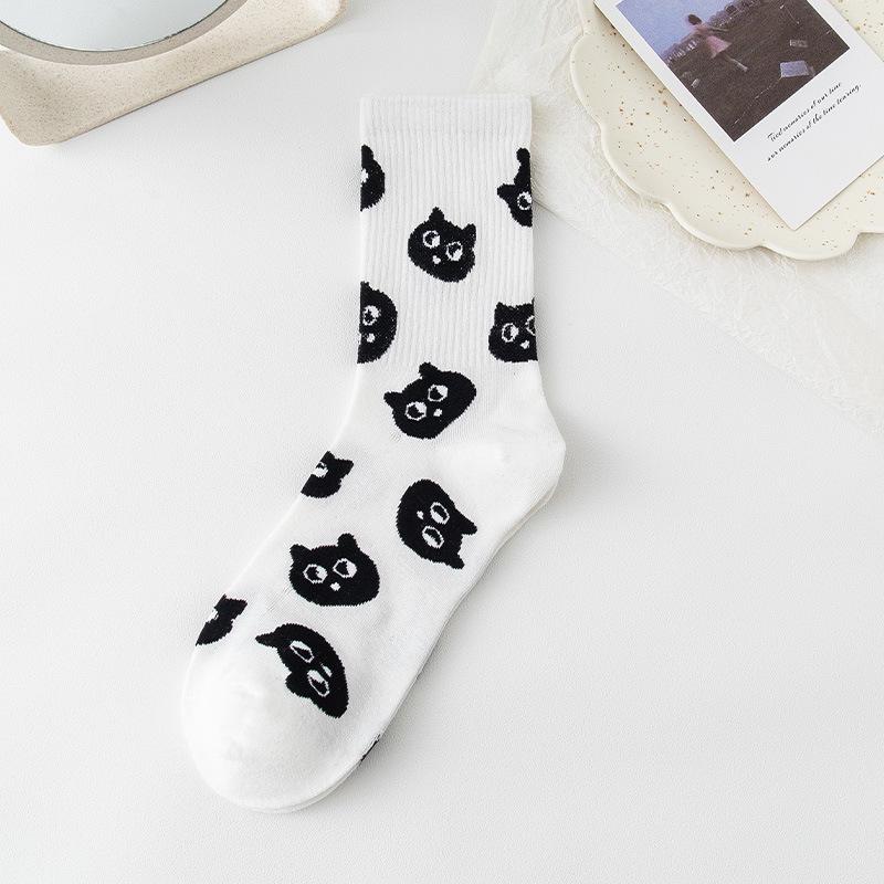 Women's Mid-Tube Cotton Socks - Black & White Japanese Embroidered Design for Autumn/Winter