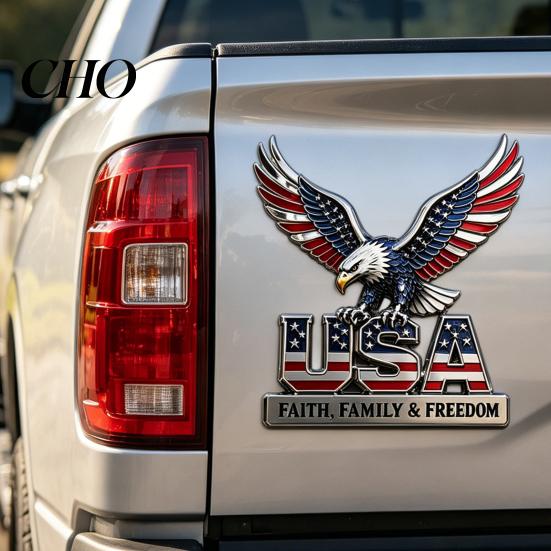Red Blue Flag Car Sticker USA Faith, Family & Freedom Metal Emblem, Eagle Letters Patriotic Edition 3D High-speed Driving 250th Anniversary Auto Decal