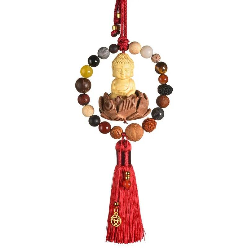 Upgraded Car Rearview Mirror Buddha Pendant Chinese Wooden Carving Lotus Buddha Statue Auto Hangings Tassel Decor Car Interior