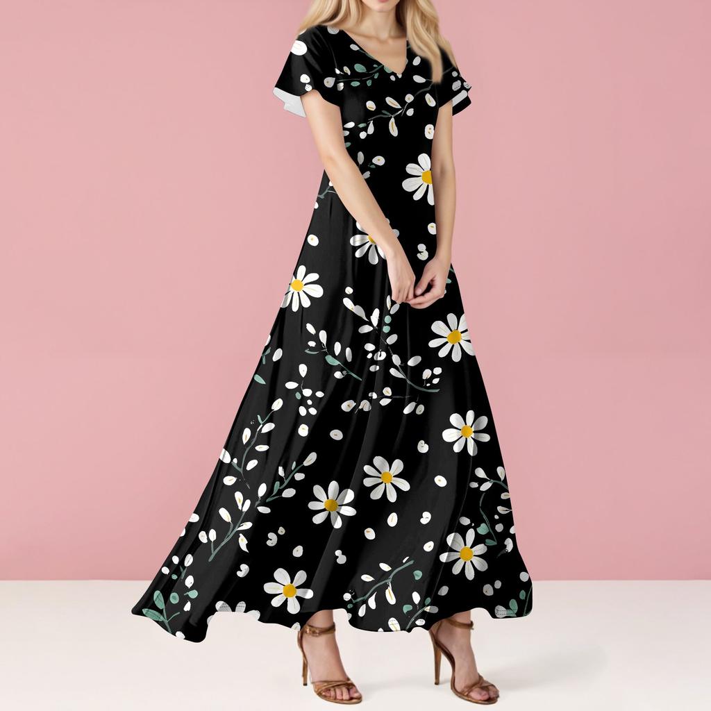 Женские повседневные модные длинные платья с принтом, платья с V-образным вырезом и коротким рукавом