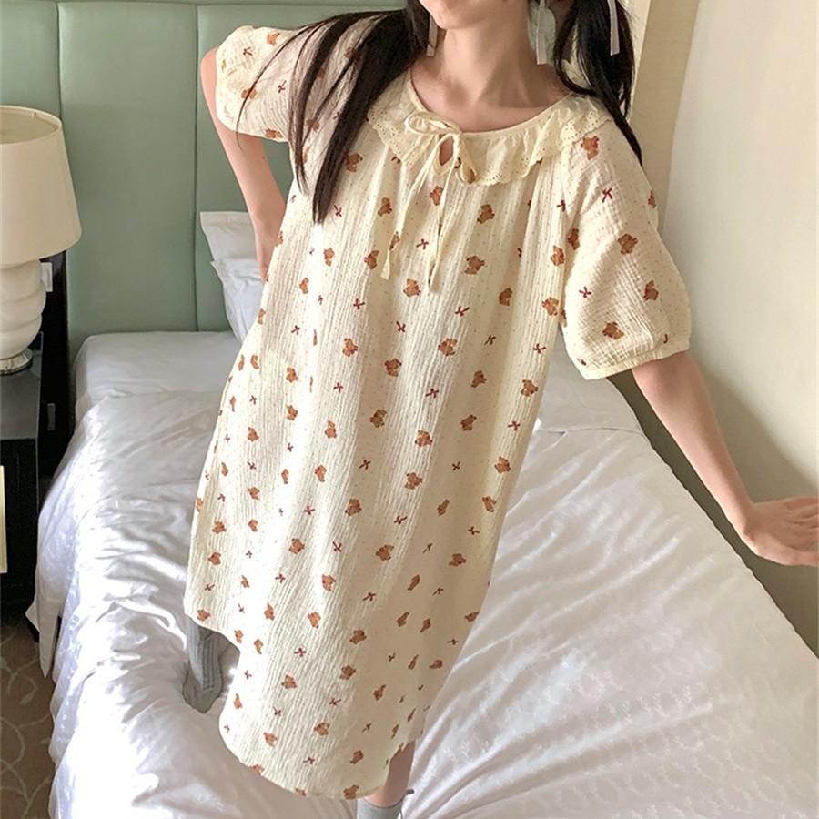 Full of printed floral bear bow pajamas women's summer round neck long dress loungewear girls loose nightgown