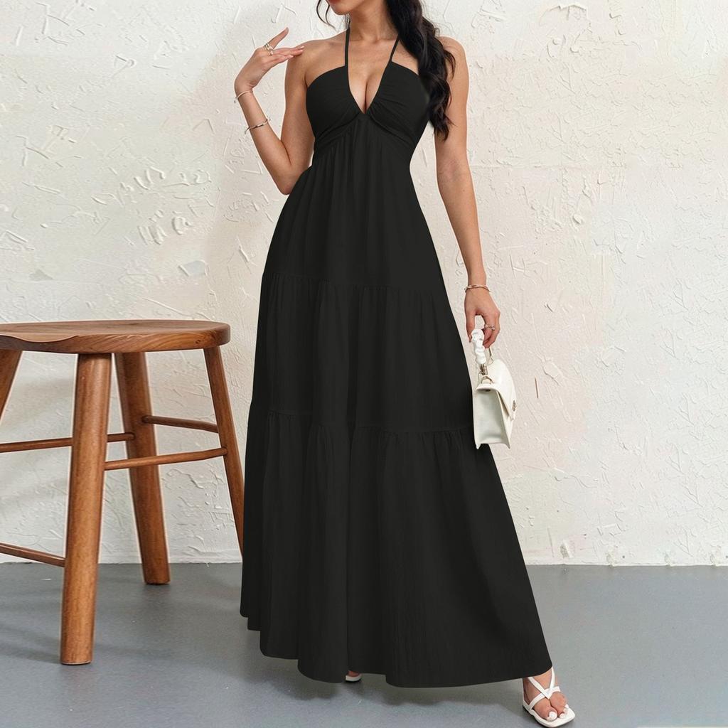 Women's Summer Casual Fashion Solid Color Dresses V-Neck Sleeveless Dresses