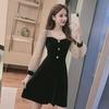 "2023 Spring/Autumn Plus Size Polka Dot Mesh Waist Velvet Black Dress"