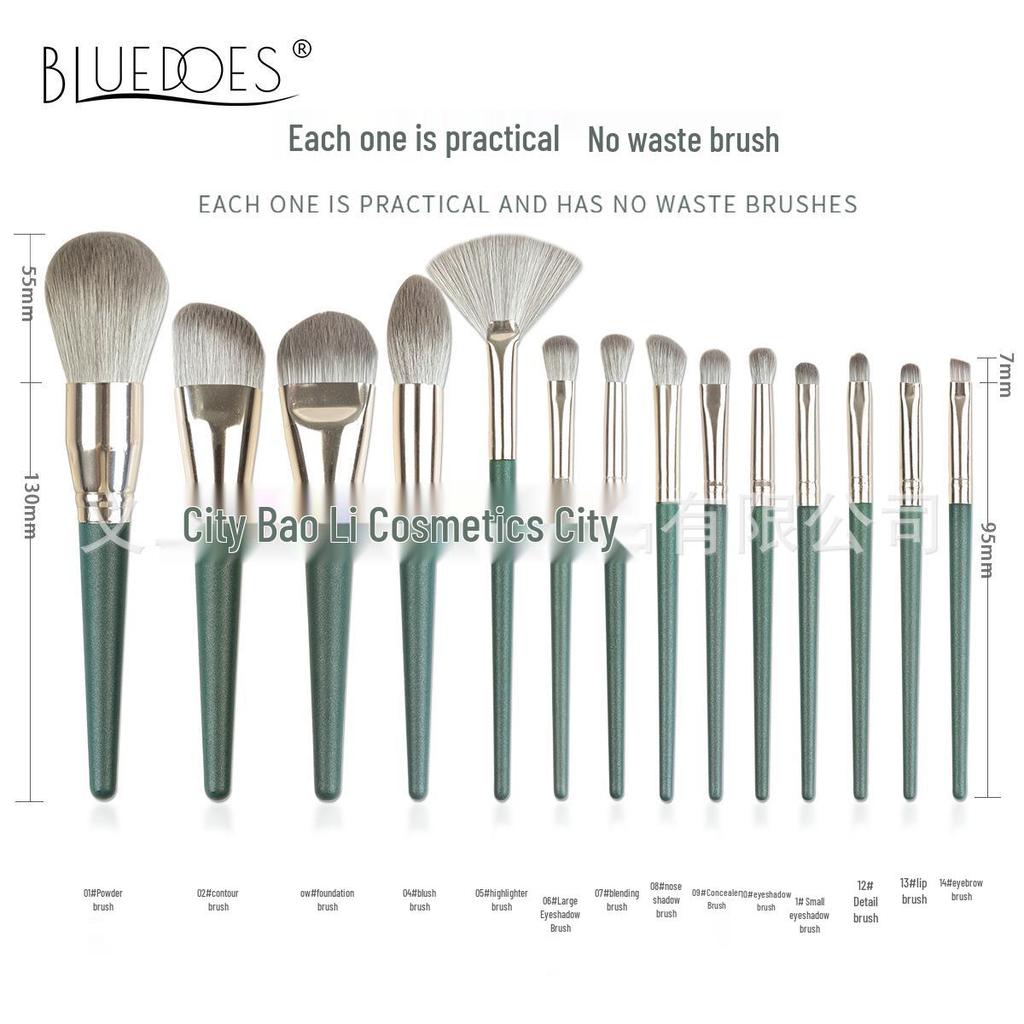 Зеленый облачный набор из 14 кистей для макияжа для начинающих – Тональная основа, Тени для век, Фиксирующая пудра