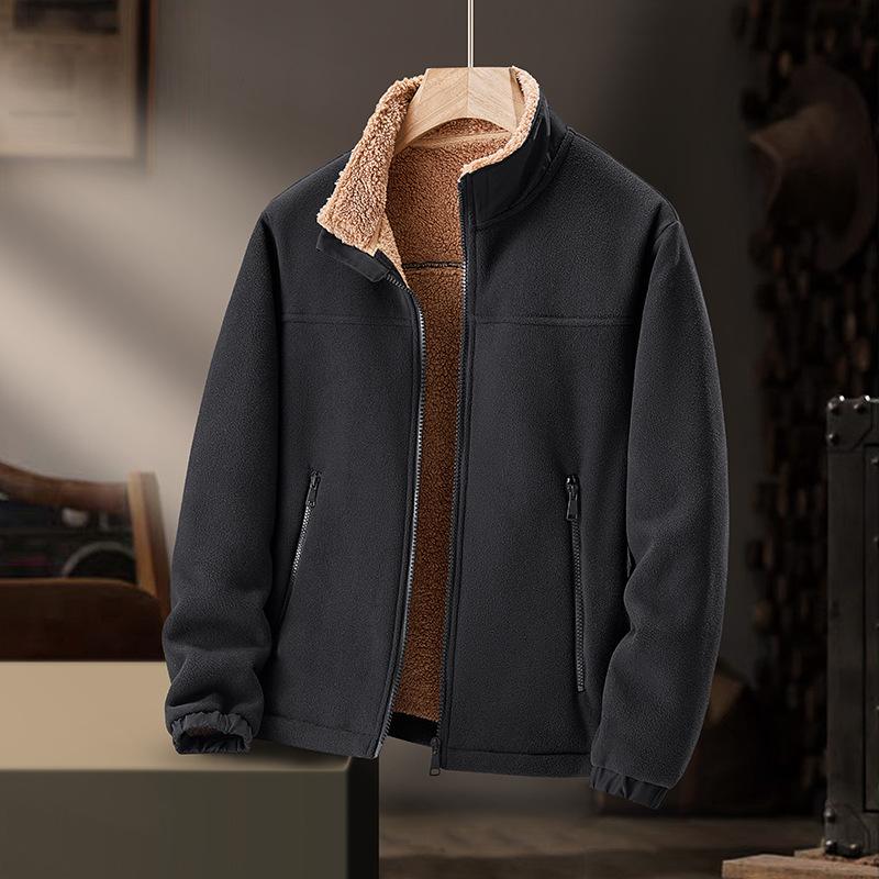 Autumn and Winter Fleece Jacket, Men's Solid Color Fleece, Standing Collar Fleece Jacket, Middle-aged and Elderly Jacket
