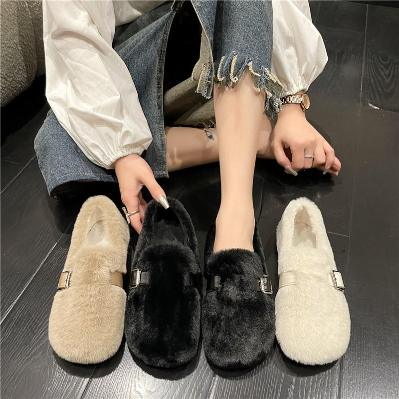 Модные повседневные женские туфли Женские мокасины с мехом и круглым носком Элегантные туфли с неглубоким носком Новые зимние туфли без застежек из флокированной ткани
