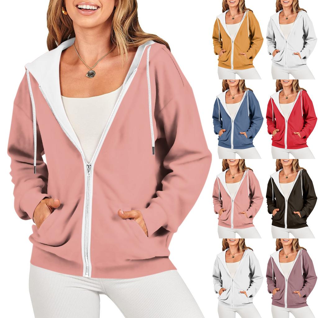 Women's Fashionable Casual Long Sleeve Solid Color Hoodies Zipper Sweatshirts Coat With Pocket