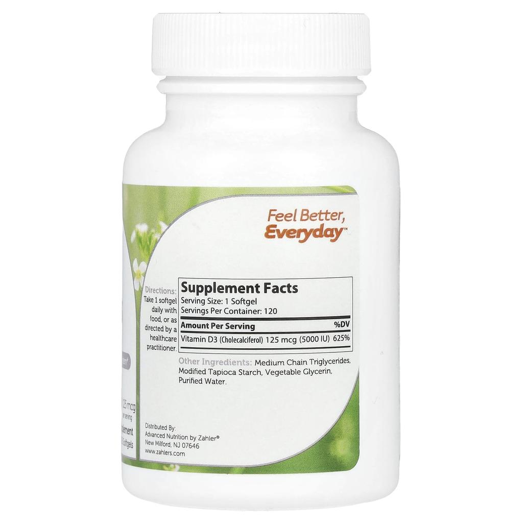 Zahler, Vitamin D3, Advanced D3 Formula, 125 mcg (5,000 IU), 120 softgels