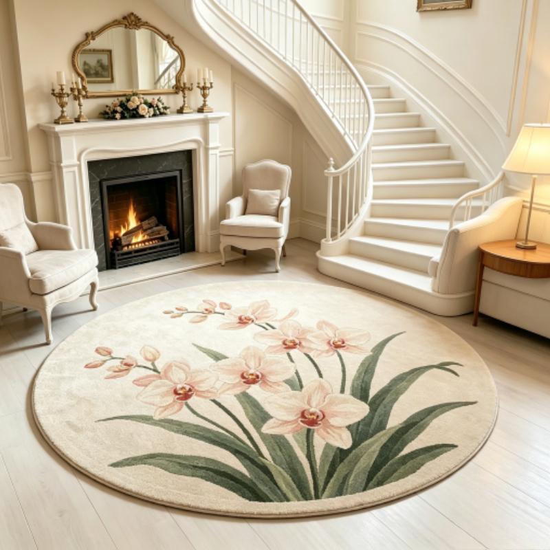 French Style Bedroom Decor Round Carpet Fluffy Soft Carpets for Living Room Thicken Plush Lounge Mat Flower Pattern Washable Rug