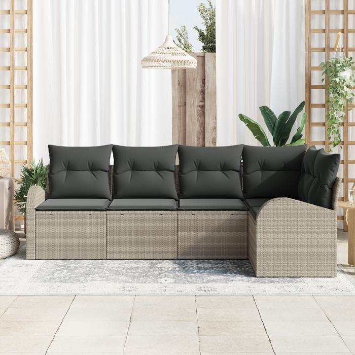 VidaXL Ensemble de Canapés de Jardin 5 Pièces avec Coussins Gris Clair Poly Rattan 3346042
