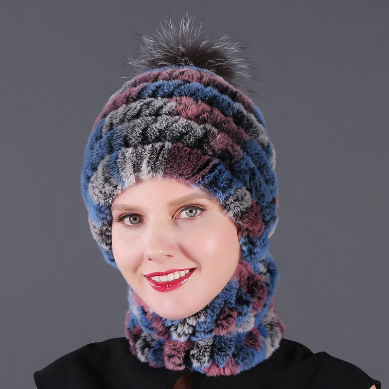 New Hat Scarf Winter Thickened Thermal Hat Rex Rabbit Fur Grass Rex Rabbit Fur Scarf Two-piece Set
