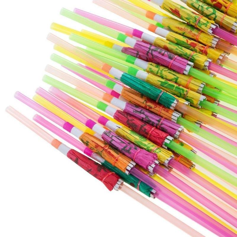 50 Pcs Cocktail Umbrella Drinking Straw Assorted Party/BBQ/Hawaiian Theme Straws