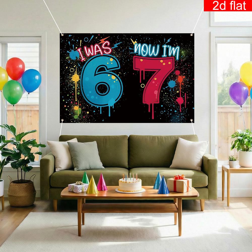 Birthday theme party photography background with the words "I'm 6 years old now I'm 7 years old" and graffiti patterns design