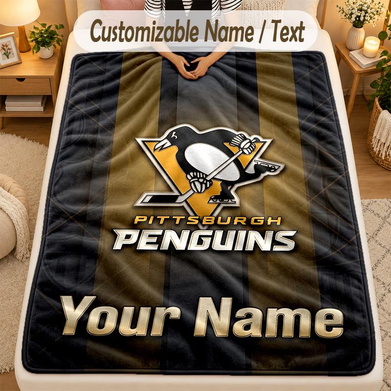 Flannel BlanketPittsburgh Penguins Custom Name Text Personalized Soft Warm Throw Blanket Home Decor Gift