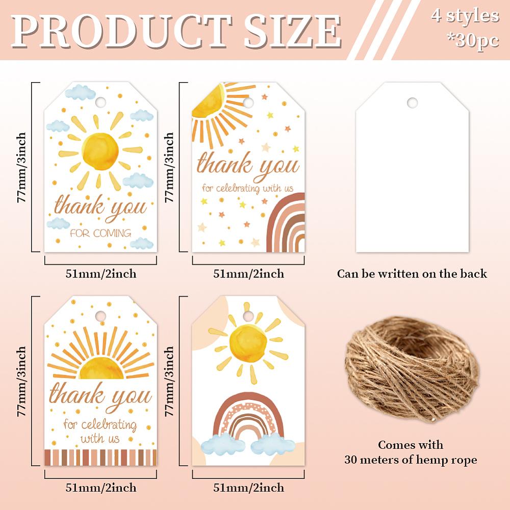 1set 120Pcs 4 Styles Sunflower Paper Thank You Gift Tags Hange Tags For Arts and Crafts with 30M Jute Twine Rectangle Sun 7.7x5.1cm Hole: 5mm