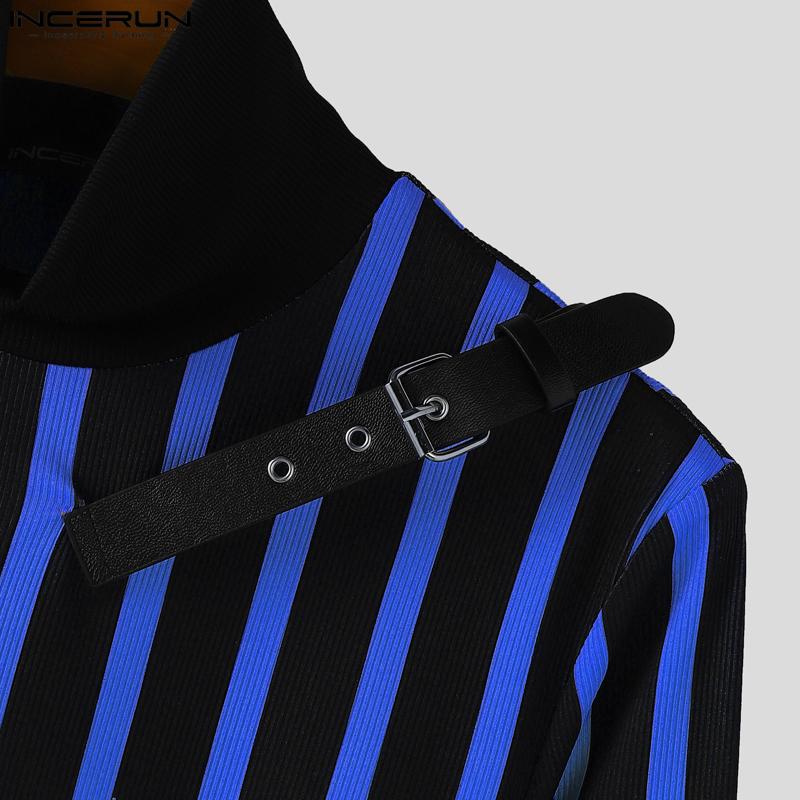 INCERUN Autumn Men's High Neck Long Sleeve Patchwork Striped Irregular Casual T-shirts Undershirts
