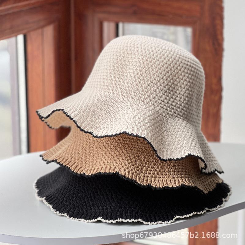 New Xiaoxiangfeng wavy eaves bucket hat women's temperament woven foldable breathable sunshade sunscreen bucket basin hat