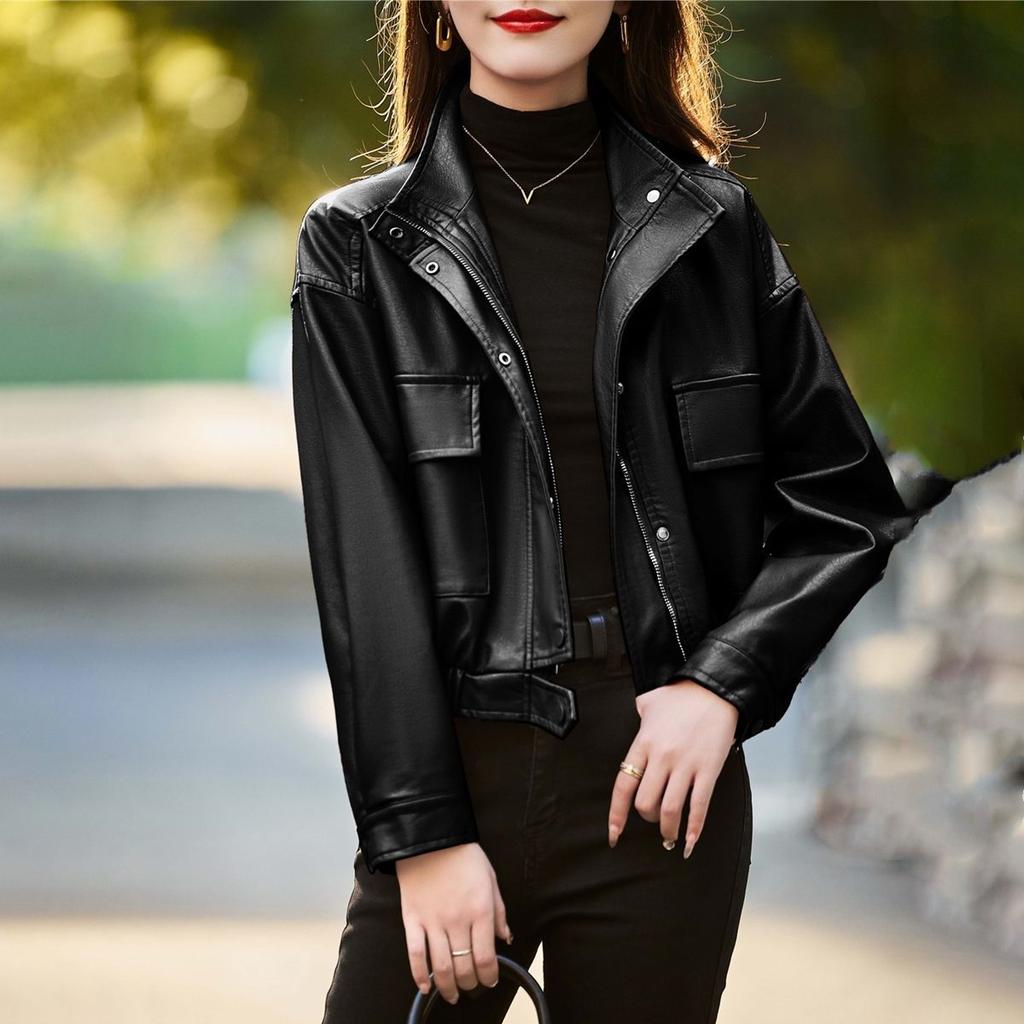 Red Short Soft Leather Jacket for Women Spring Autumn Loose Fit Casual Coat Petite Size