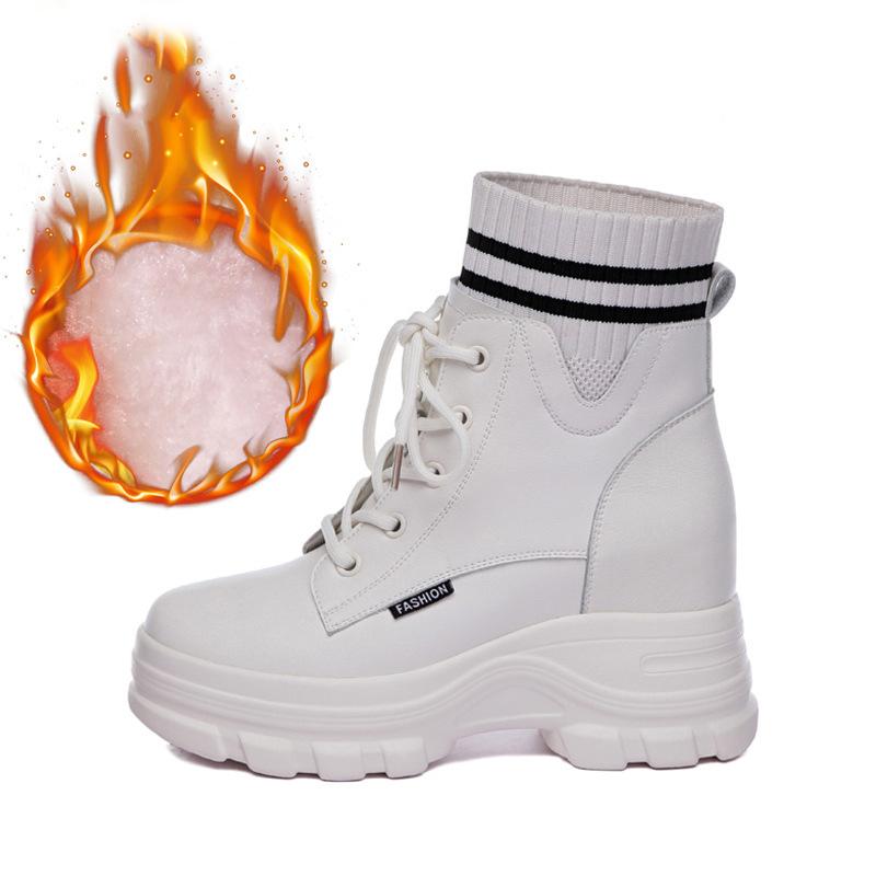 2025 Зимняя обувь Женские ботильоны Натуральная кожа Высокие каблуки Теплый плюш Женские Увеличивающие рост 9см Черный Бежевый