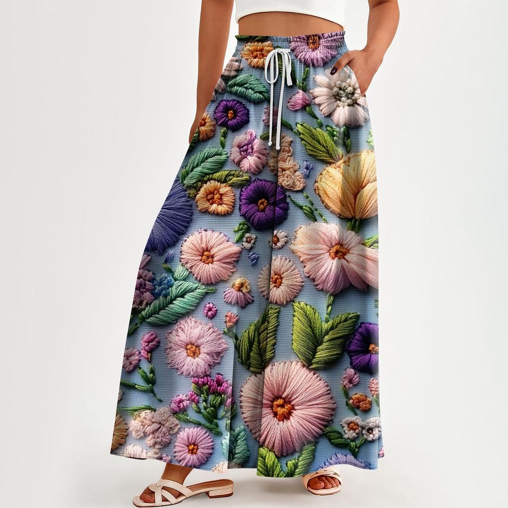 Женские брюки с высокой талией и карманами, повседневные брюки с цветочным принтом