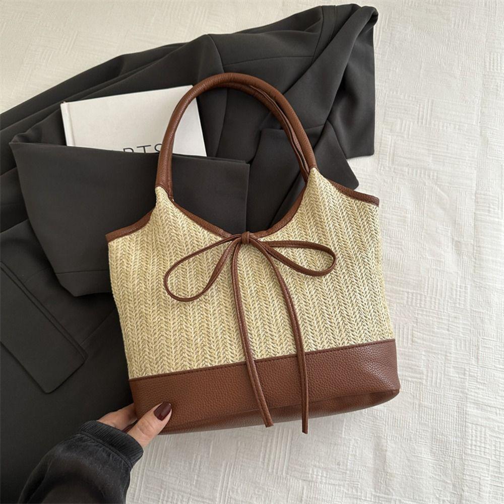 Elegant Straw Shoulder Bag Bow Tie Women's Handbag Trendy Weaving Tote Bag Lady