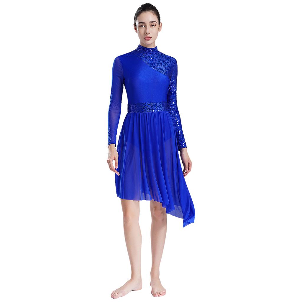 Women Sparkly Sequins Modern Lyrical Dance Dress Long Sleeve Irregular Hem Dresses Performance Costume