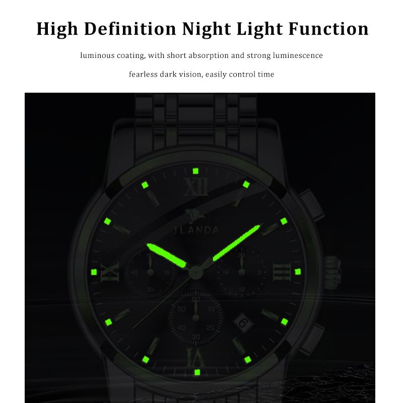 Men Chronograph Watch Metal Band Analog Quartz Wrist Watch Luminous Display Waterproof Business Dress Watch with Date