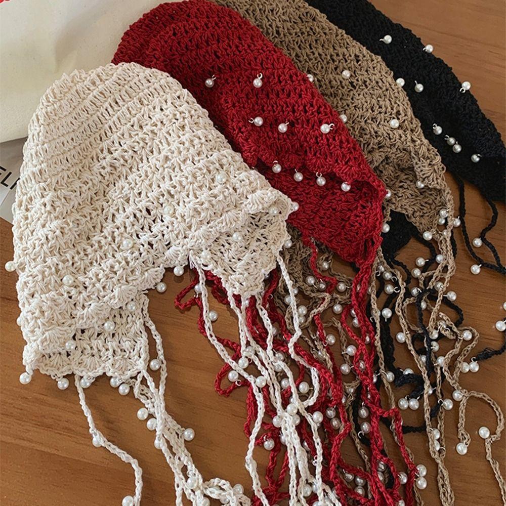 Beanies Knit Cap Hollow Out Ethnic Style Hat Hollow Pearl Tassels Knitted Hat Apparel Accessories