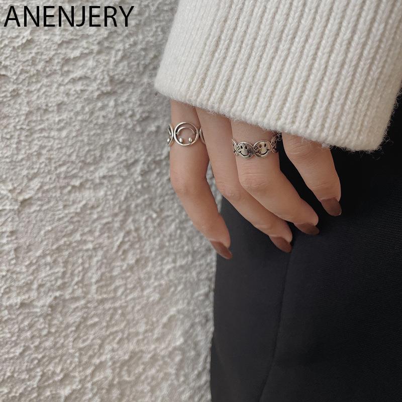 ANENJERY Smiling Face Rings for Women Men Thai Silver Open Finger Rings Wholesale