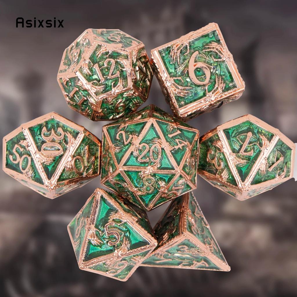 7 Pcs Golden Green Hand Metal Dice Solid Metal Polyhedral Dice Set Suitable for Role-Playing RPG Board Game Card Game