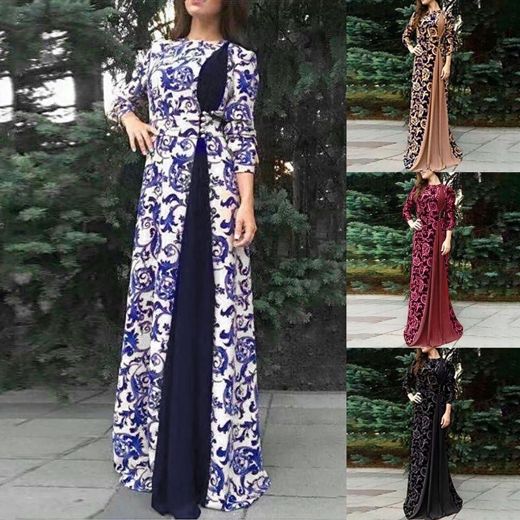 Women Dubai Arabian Floral Print Long Dress Muslim Dress Islamic Long Dress