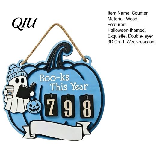Raised Pattern Counter Halloween Ghost Pumpkin Reading Tracker Wooden Hanging Sign, Sliding Number for Book Read This Year, Progress Spooky Decor