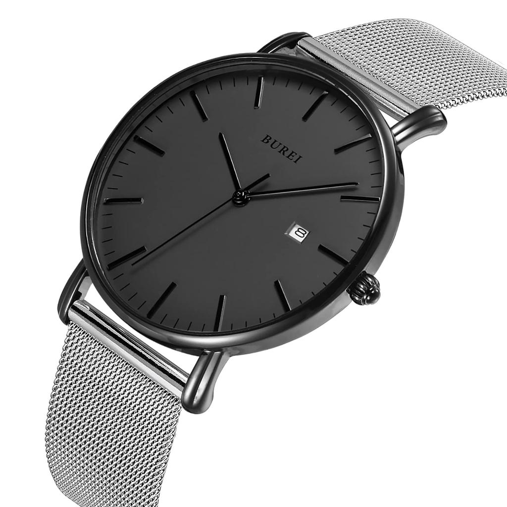 BUREI Men's Watch: Simple, Stylish, Popular Brand, Ultra-Thin, Lightweight, Analog, Waterproof, Quartz Movement, Black-Gray