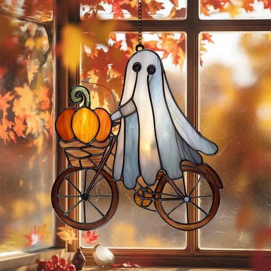 Halloween Pendant Witch Ghost Ride Shape Pendant Image Stained Glass Window Hanging Ornament Festivals Halloween Decoration