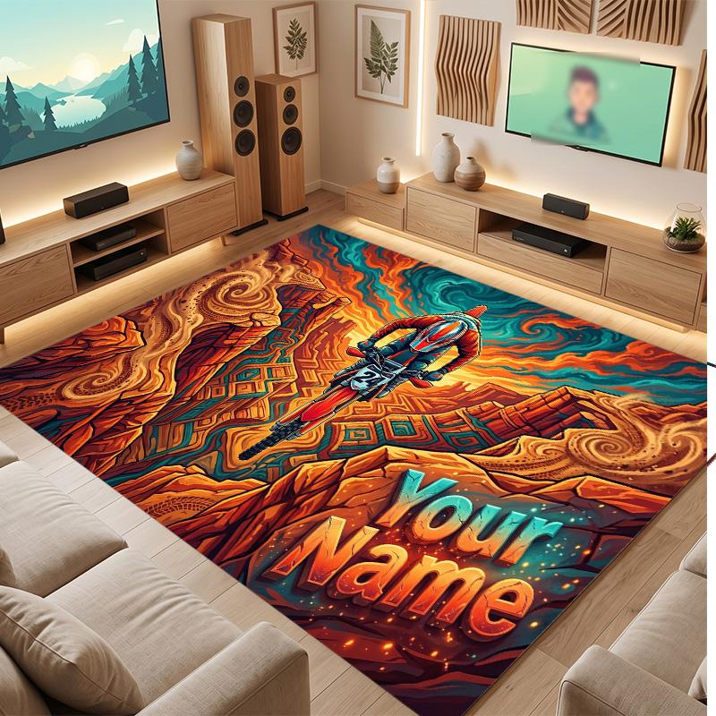Motorcycle Biker Theme Soft Crystal Velvet Rug Custom Name & Text Print Non Slip Floor Rug for Bedroom Living Room