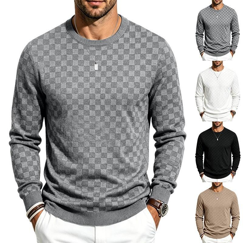 Men S Round Neck Long Sleeve Knitted Sweater Checkered Jacquard Casual Pullover