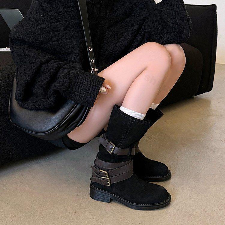 Pleated Buckle Knight Boots for Women Autumn New Faux Suede Brown Mid-calf Boots Woman Slip-On Thick Heel Booties Botas De Mujer