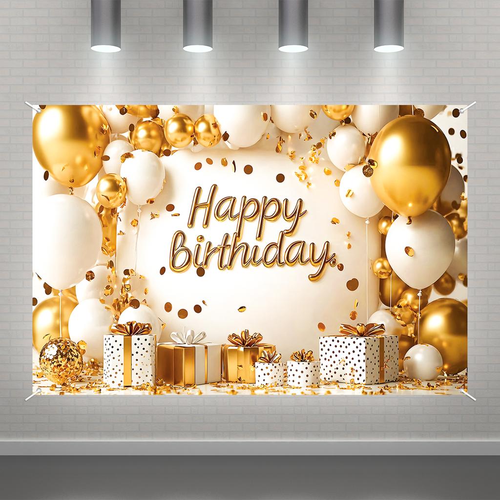 1pcs White and Gold Background Happy Birthday Party Decorations for Home Backdrop Banner 18th 30th 40th Birthday Party Supplies