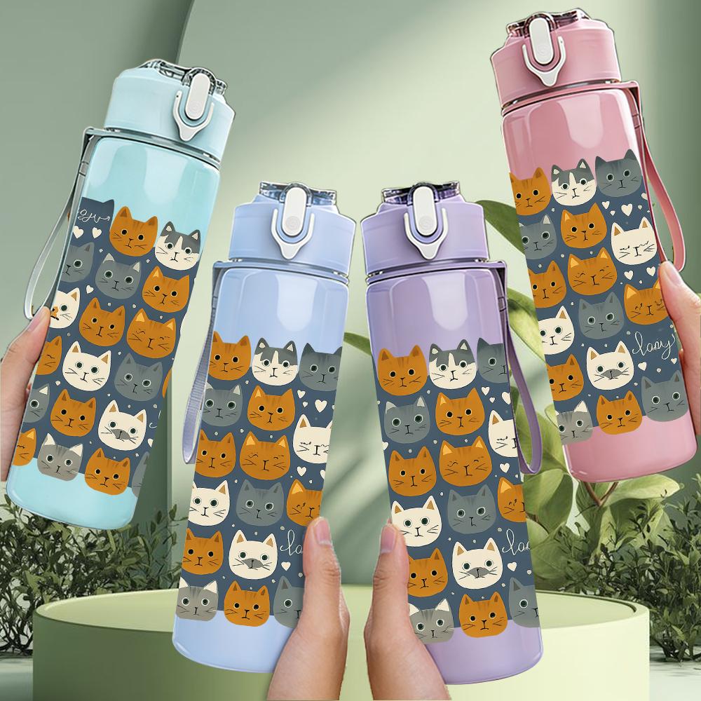 1PC Cartoon Cat Grid Layout 750ml Color Plastic Sports Water Bottle Leakproof Flip Straw Lid For Sports Office Home Use