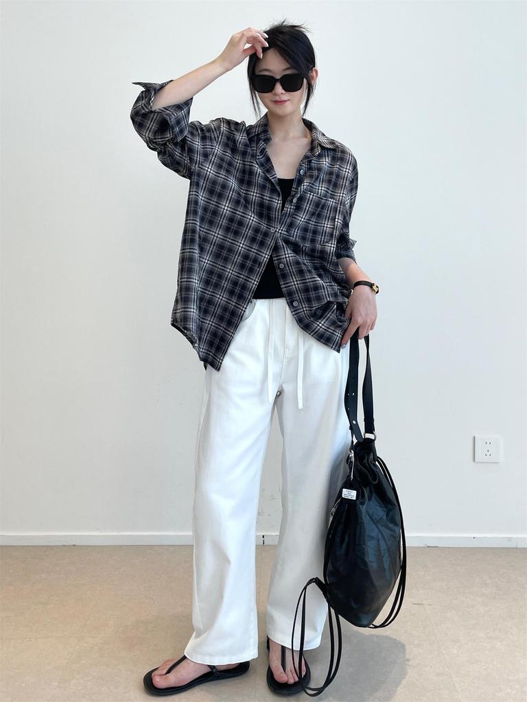 Nan Yu 100% Cotton Plaid Loose Long Sleeve Sun Protection Shirt for Women - Early Autumn 2025 Collection