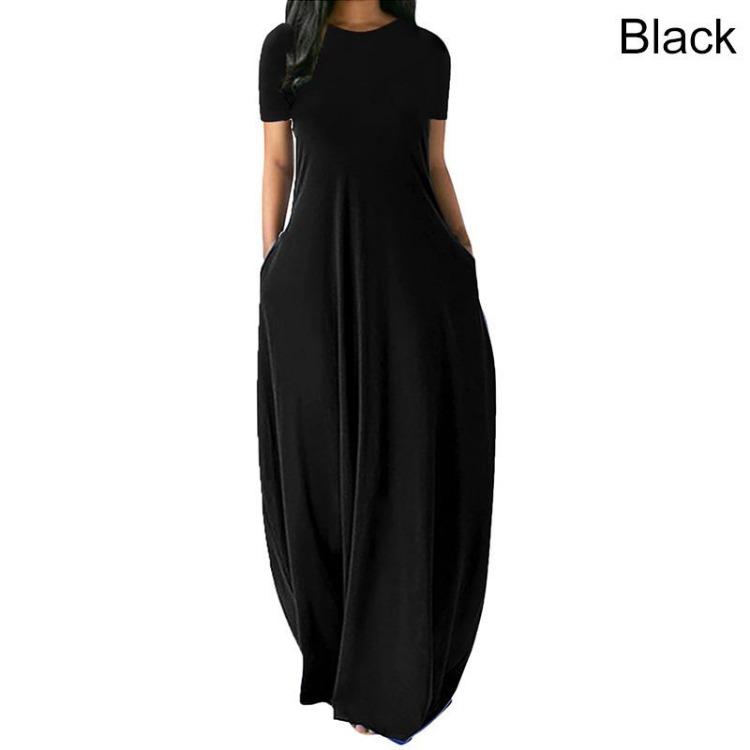 Elegant Women Casual Beach Dress Loose O Neck Long Summer Short Sleeve Evening Party Dress