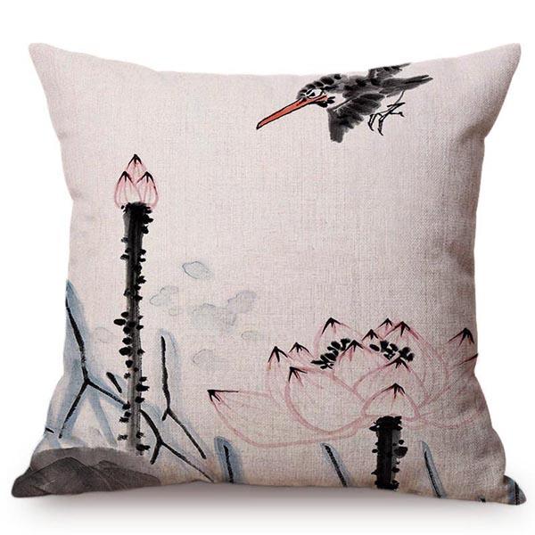 Chinese Style Vintage Ink Painting Lotus Pattern Throw Pillow Cover Classical Luxury Cushion Cover Sofa Decoration Pillowcase