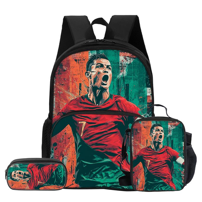 Набор из 3 предметов: Рюкзак Ronaldo с передним карманом, Термосумка-ланч-бокс, Пенал CR, Рюкзак Футбольной Звезды