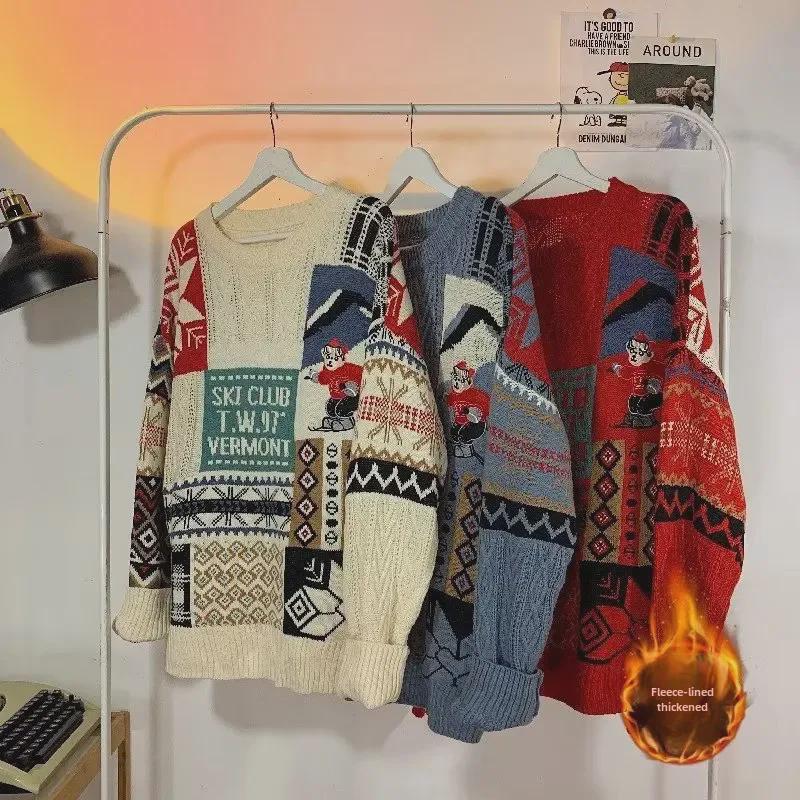 Men's Winter Retro Embroidered Bear Sweater: Loose, Warm, Plus Velvet Knitted Design for Couples